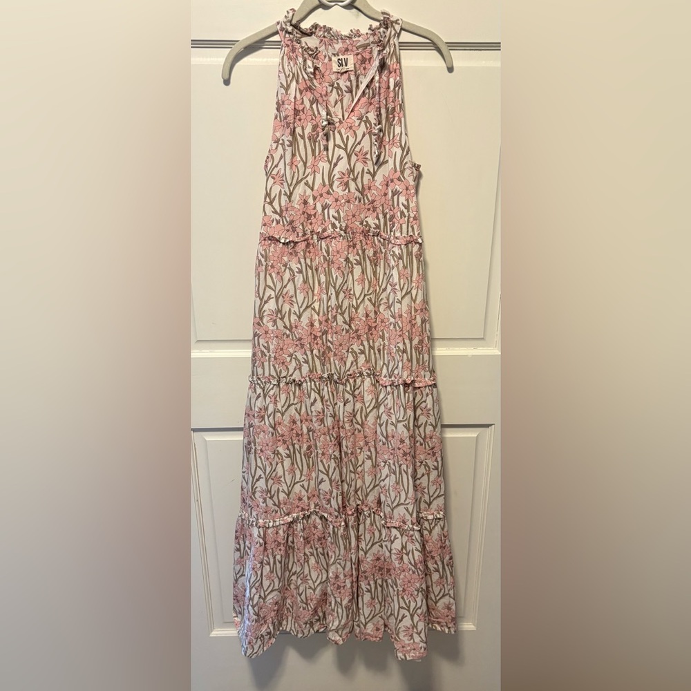 SLV Sur La Vague cream pink floral tiered Maxi long dress women one size Osfa